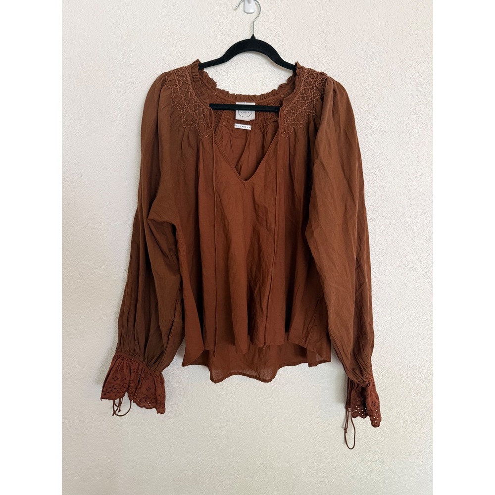 Kinga Csilla Brown Cotton Embroidered Eyelet Peasant Blouse Top US 6